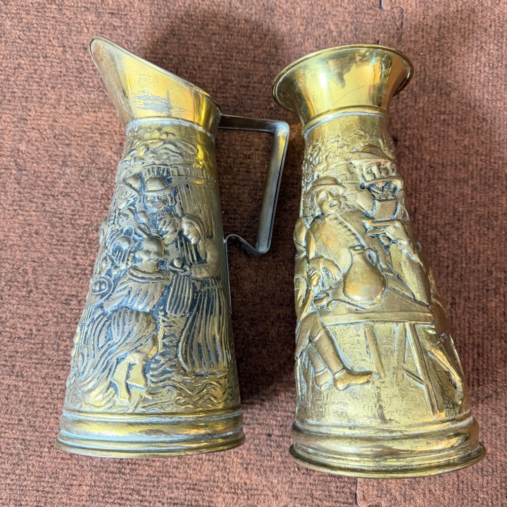 Vintage Peerage Brass Pitcher and Vase Set Made in England Embossed Tavern Scene